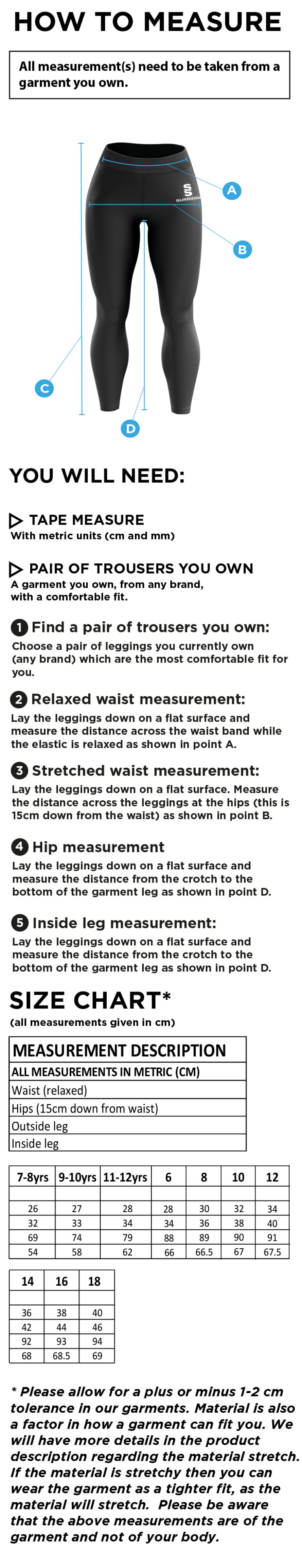STOCKPORT School GCSE Sport Leggings - Size Guide