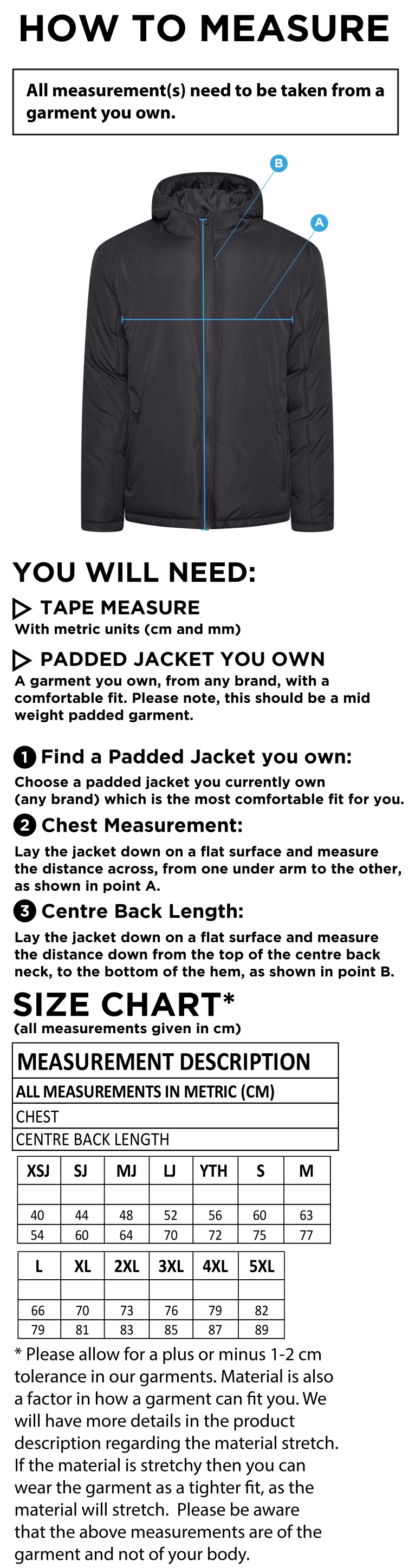 STOCKPORT SCHOOL PE Staff PADDED JACKET - Size Guide