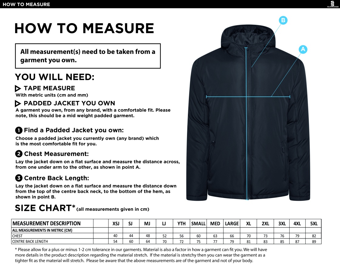 STOCKPORT SCHOOL PE Staff PADDED JACKET - Size Guide