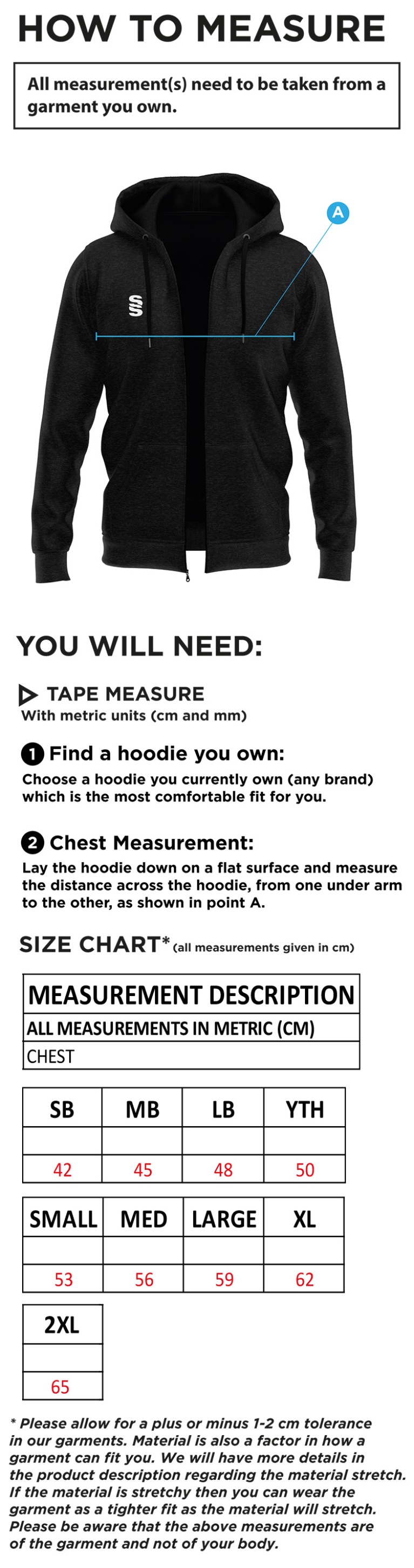 STOCKPORT SCHOOL BTEC Dance BLADE HOODY - Size Guide